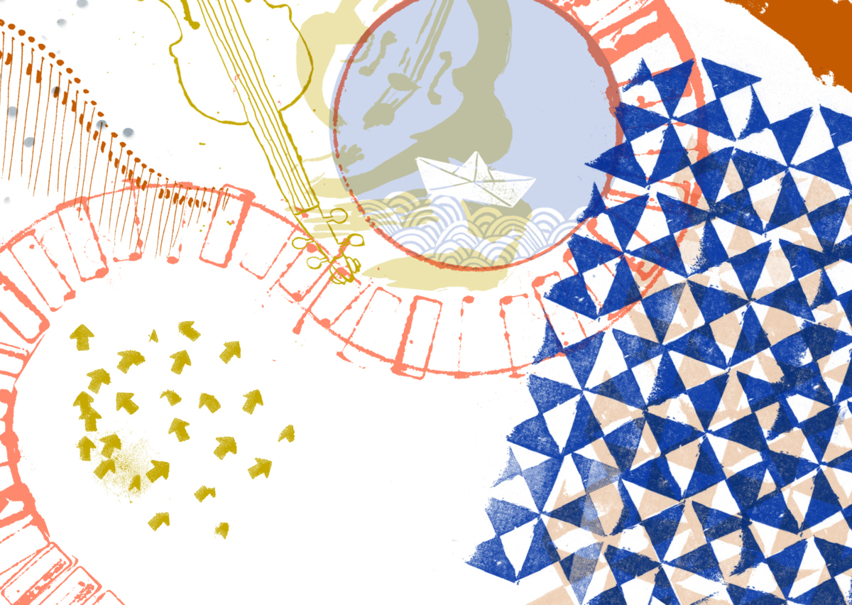 Plakat Gare des Enfants, weisser Hintergrund mit blau, gelb und orangen Formen