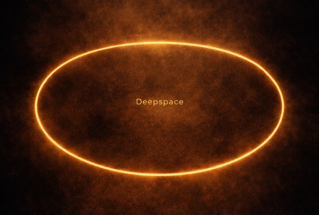 orange glühender Kreis vor schwarzem Hintergrund mit dem Text DEEPSPACE in der Mitte