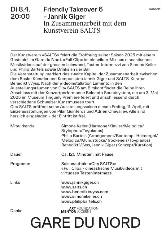 Abendprogramm des Konzerts «Friendly Takeover 6 – Jannik Giger» zum downloaden.