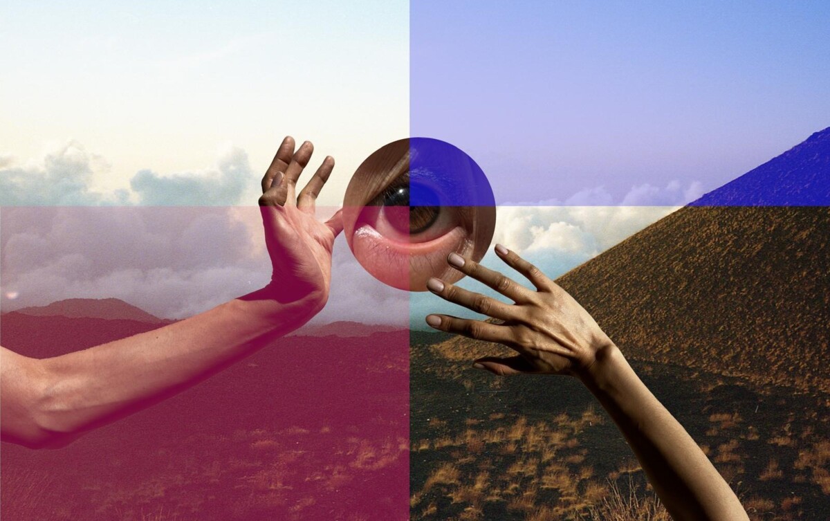zwei Hände halten einen Kreis mit einem Auge vor einer Berglandschaft ausserdem ist das Bild in unterschiedlich farbige Rechtecke geteilt