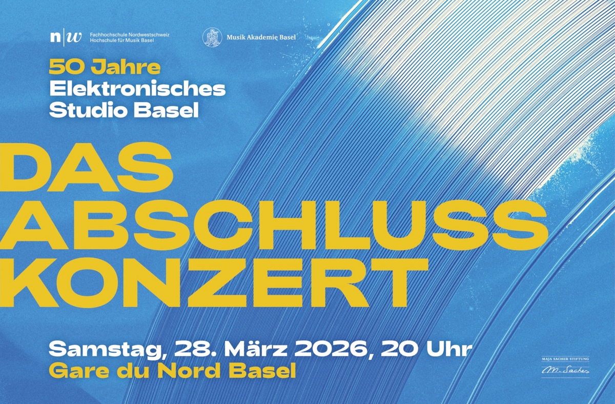 Plakat Abschlusskonzert, Ausschnitt einer blauen Vinylplatte als Hintergrund, in gelbem und weissen Text steht